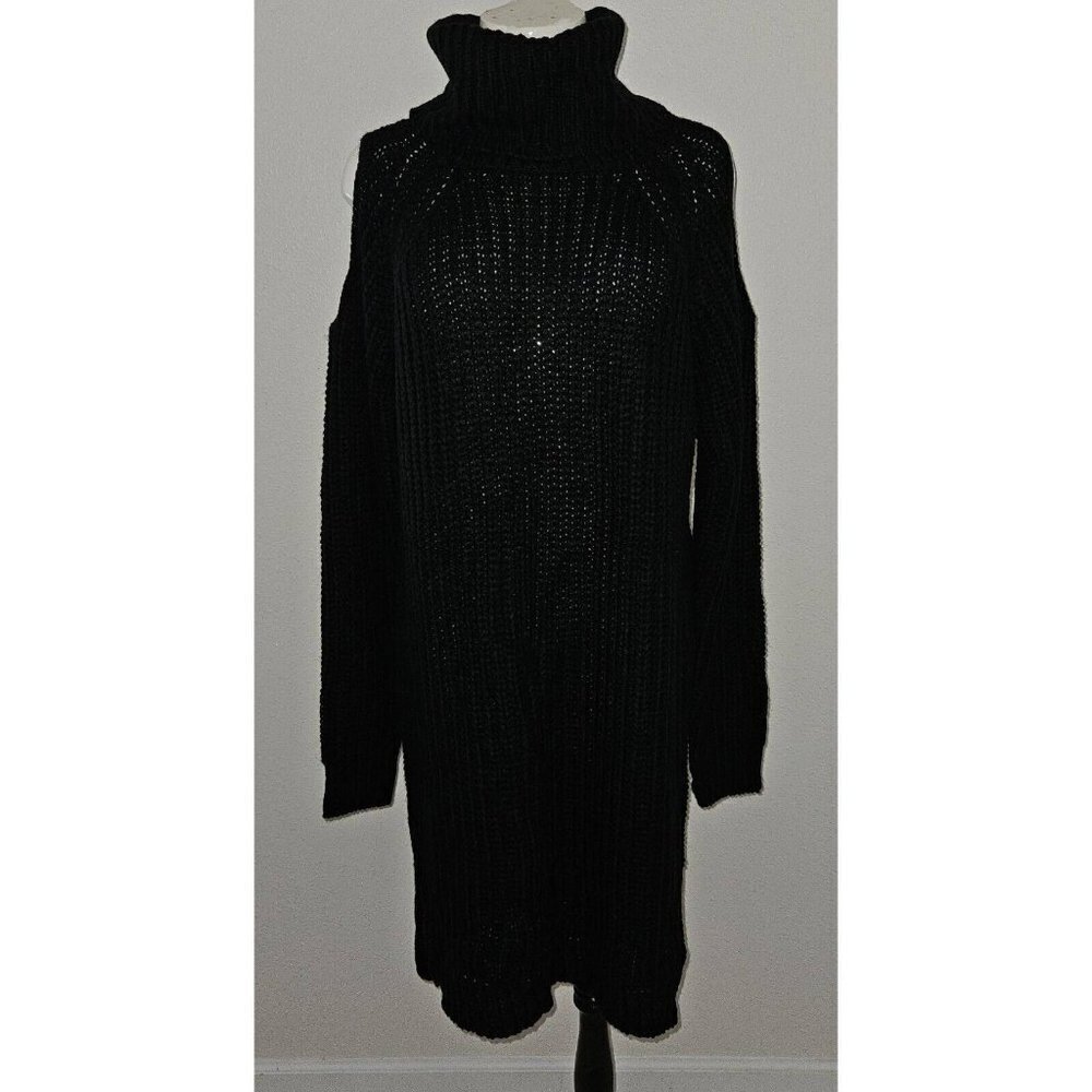 NEW John + Jenn Black Knit Sweater Dress Turtleneck Cold Shoulder Hi-Low Medium